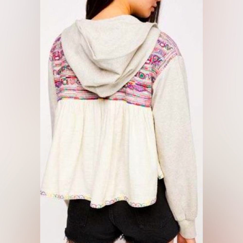 New Free People Hooded Rainbow Embroidered Lg Ivory Tie-Front Jersey Cardigan - Picture 6 of 6
